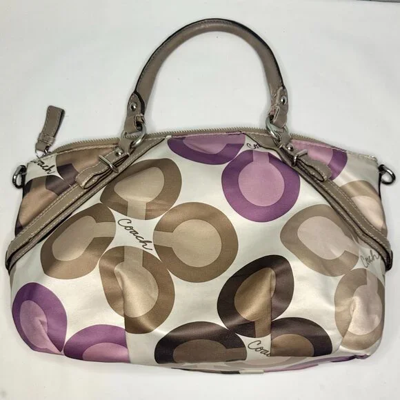 Coach Madison Clover Print Sophia Satchel Purple Pink Sateen Taupe Leather 15946 - Picture 7 of 14